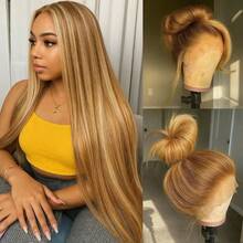 180% Plus Density Lace Front Wigs 28 30 32 Inch 13X4 HD Bone Straight HD Lace Wigs Natural Swiss Pre Plucked Transparent Lace 4/27 Honey Blonde Color Human Blended Hair Wigs With Baby Hair High Temperature Resistant Fiber Wig For Women - S4/27 - 查看 10