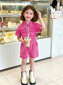 女童玫红色牛仔连体裤，时尚翻领短袖连身裤，夏季 - 玫紅色 - 查看 4