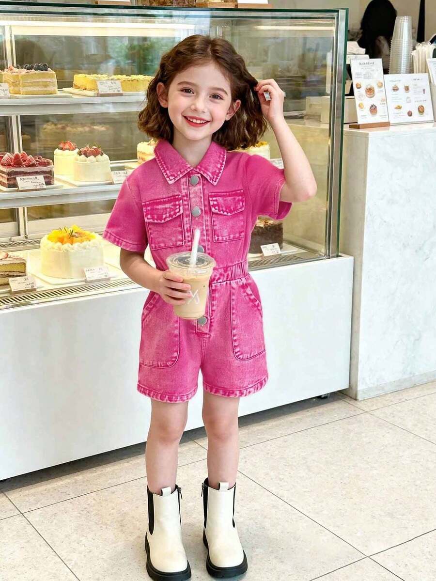 Mono de mezclilla fucsia para niña, mono de verano con cuello de solapa y manga corta - Rosa Fucsia - Ver 1