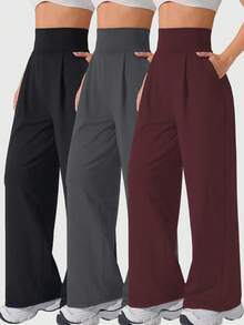 3-Piece Pantalones Deportivos De Pierna Ancha Con Bolsillos Plisados Y Cintura Alta De Color Sólido Para Mujer Con Diseño De Pierna Ancha, Con Bolsillos, Pantalones Casuales De Cintura Alta Y Pierna Ancha Para Ejercicio Cómodos, A Menudo Casuales En Primavera, Otoño E Invierno. - 彩色 - 查看 10