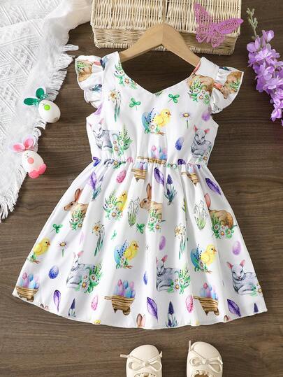 1pc Girls Easter Bunny, Chick, Floral Print Soft & Comfortable Woven Fabric Midi Dress With Flutter Sleeves, Suitable For Outdoor Wear, Spring/Summer