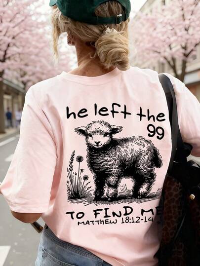 Women's Summer New Simple Letter Alpaca Animal Print Casual Vacation Loose Versatile Round Neck Beige Short Sleeve T-Shirt, Fashionable Everyday Top, Suitable For Daily And Vacation Pink