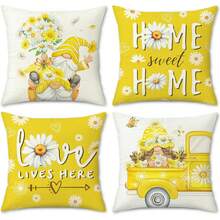 4 PIEZAS Funda de cojín con flores de margarita enana Flores de primavera y verano Camión de amor amarillo Funda de cojín decorativa para exteriores para sofá y sala de estar, de una sola cara, sin incluir el cojín - Amarillo - Ver 8