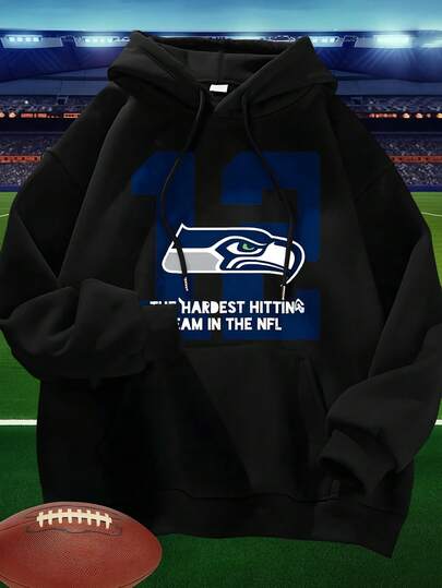 Men's Drop Shoulder Long Sleeve Drawstring Pocket Casual Hoodie Autumn Winter Back To School Seattles Seahawks 12 The Hardest Hitting Team In The Nfls Football Fan Sweatshirt