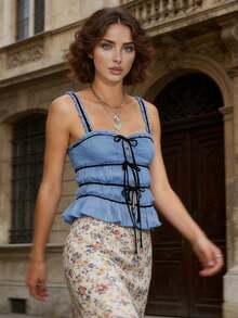 Camisola ajustada de verano para mujer, color liso, con tirantes finos, lazo en la parte delantera, fruncida, ropa de calle - Azul - Ver 4