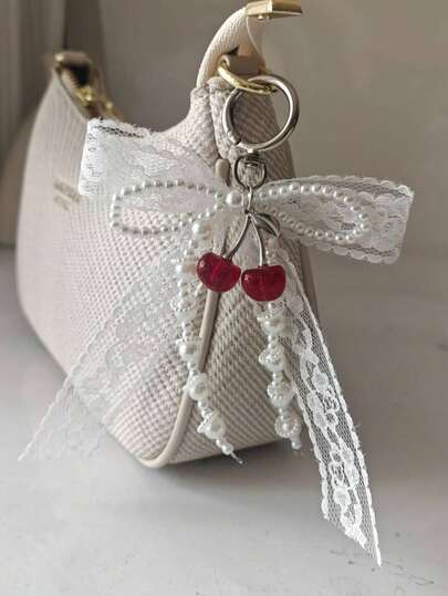1件蕾丝蝴蝶结珍珠钥匙扣钱包吊坠Y2K珍珠装饰包包挂饰鞋子配饰蝴蝶结装饰樱桃可爱钥匙挂绳