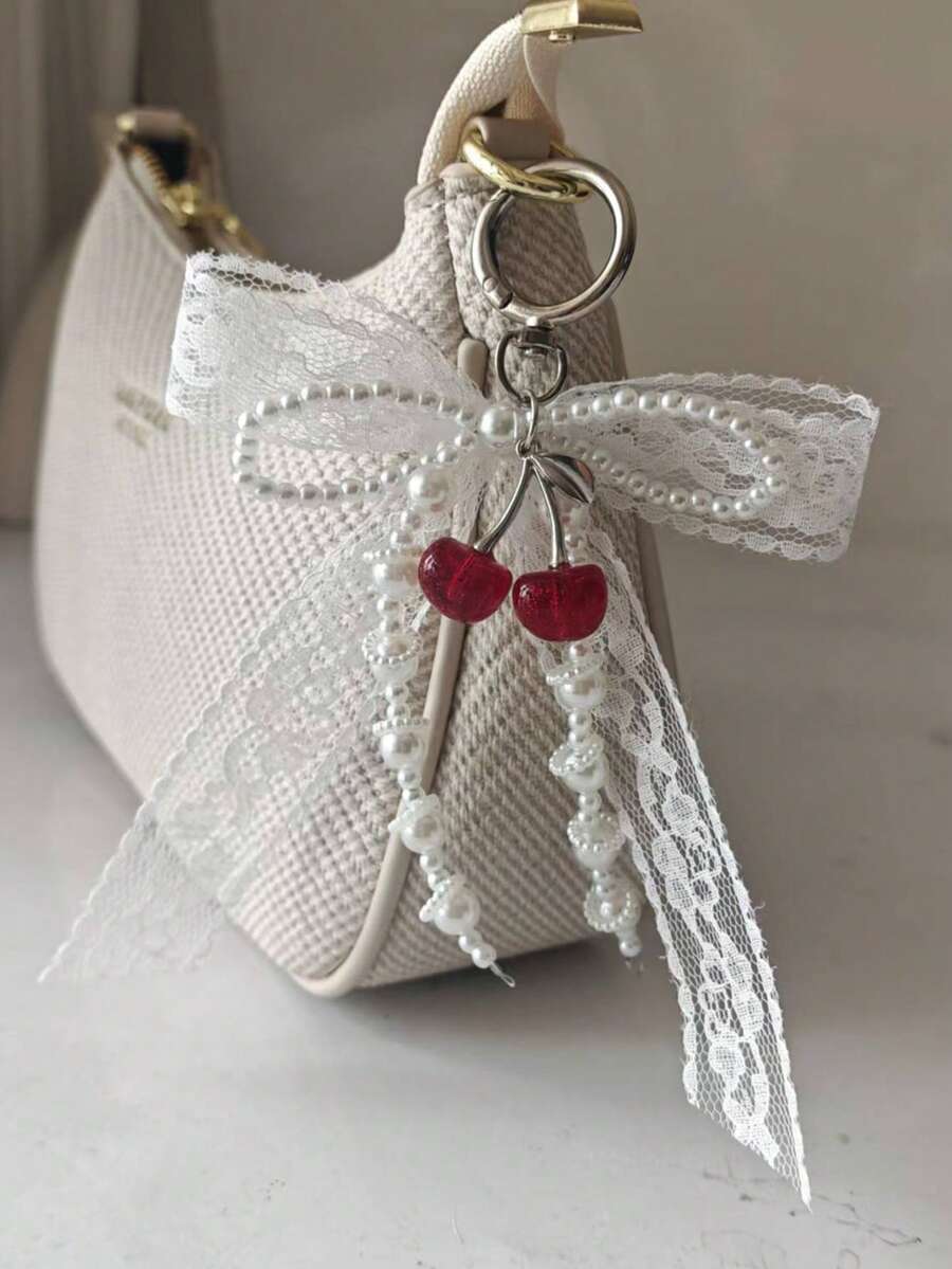 1pc Lace Bow & Faux Pearl Keychain Wallet Pendant Y2K Faux Pearl Decor Bag Charm Shoe Accessory Bow Decoration Cherry Kawaii Key Lanyard Boho Beach Essentials - White - View 1