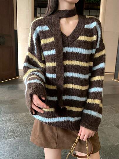 Vintage Striped Contrast V-Neck Thick Sweater For Women, Loose & Relaxed Fit, Autumn/Winter