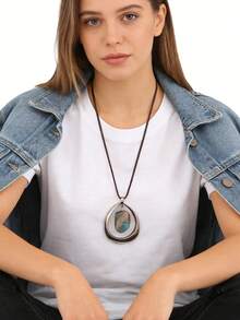 1pc Bohemian Alloy & Resin Pendant Necklace, Women's Brown Wax Rope Long Chain Fashion Pendant, Party Gift, Gift For Girlfriend Or Mother - Silver - View 7