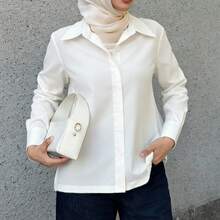 Livesso Solid Curved Hem Shirt,Long Sleeve Tops,Fall Clothes Preppy Tops - White - View 6