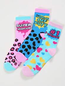 3 Pairs Women's Leopard Print, Heart & Letter Pattern Fashion Versatile Mid-Calf Socks - Multicolor - View 10