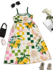 时尚数码印花牛奶丝面料连衣裙，清凉面料，柠檬水果印花图案，休闲、约会、居家、度假、露营、海滩、摄影、舞蹈、派对、购物等场合皆宜，中长款，优雅百搭，适合夏季穿着。 - 彩色 - 查看 6