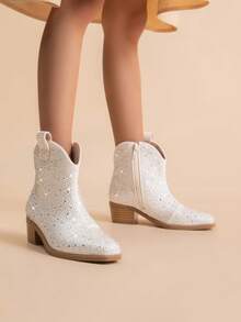 Girls Cowgirl Cowboy Rhinestone Boots Ankle Low Heel Dress Booties - Đen và trắng - Xem 8