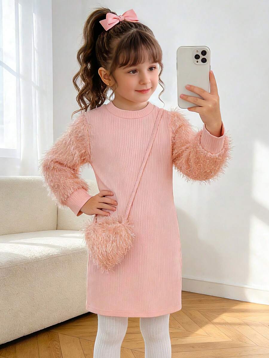 Young Girls Pink Tassel Sleeve Dress, New Arrival, Sweet Princess Dress For Toddlers, Ribbed Elastic Fitted , Heart Plush Accessory, European & American Style Kids Clothing, Long Sleeve A-Line Dress, Children Party Dress, Soft & Skin-Friendly - Pink - View 1