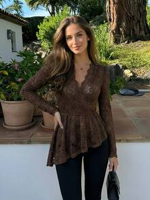 V-Neck Waist Design Fitted Lace Blouse, Elegant French Style, Flattering And Versatile - Coffee Brown - View 1