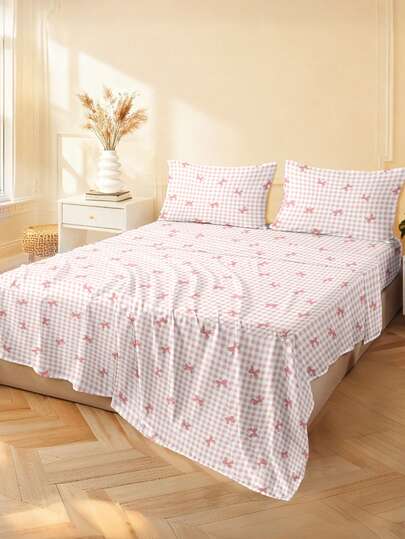 4pcs Bowknot Bedding Set, Includes 1 Fitted Sheet, 1 Flat Sheet And 2 Pillowcases, Protects Mattress (Pillow Insert Not Included). Luxury Fitted Sheet Set, Available In Sizes: Super King, King, Queen, Twin. Soft And Comfortable, Suitable For Bedroom, Protects Mattress. Machine Washable.