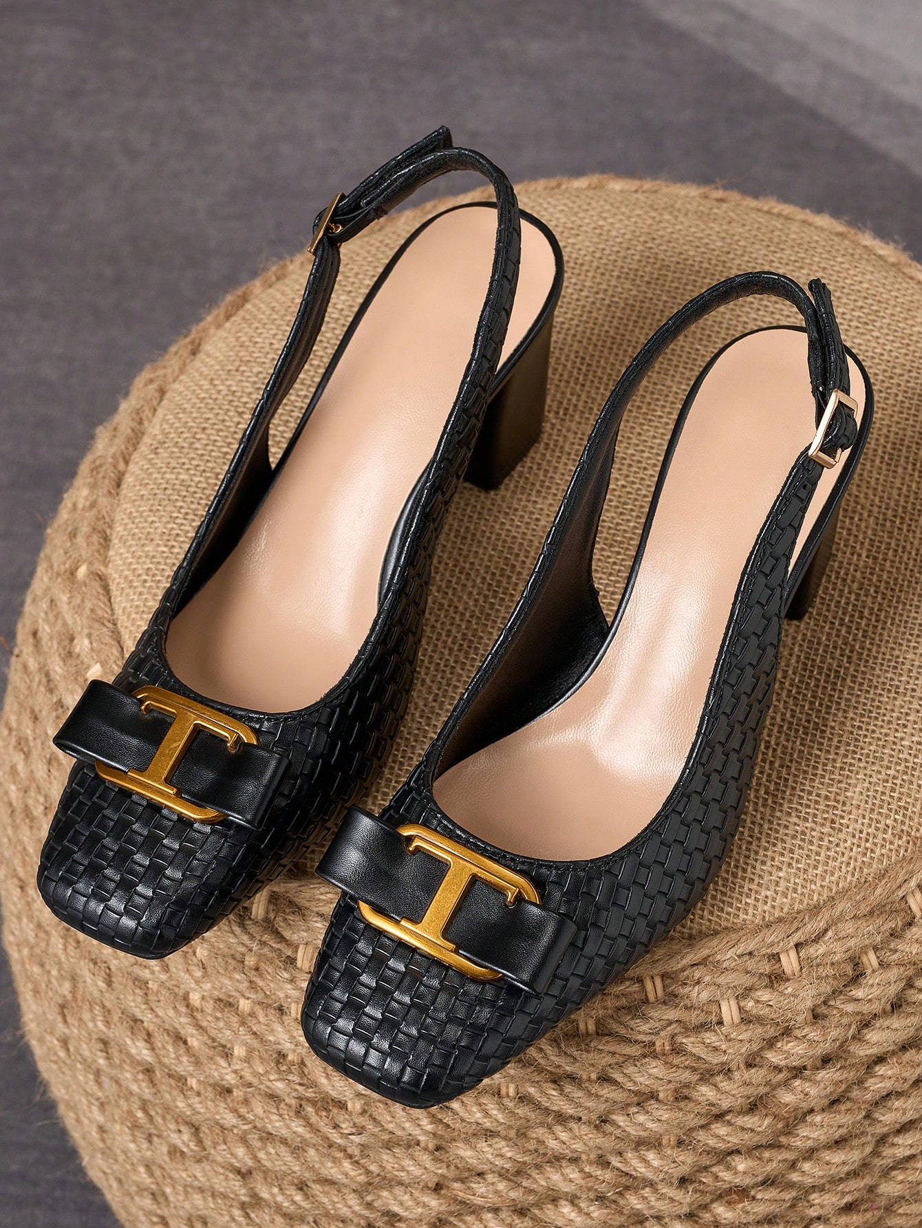 WHDXY صندل ذو كعب سميك مربع الأصبع بنسيج مُنسوج أن...