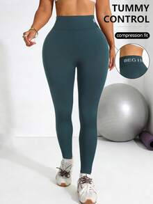 女士高腰字母印花瑜伽裤，弹力透气面料，松紧腰带，适合健身、瑜伽和日常穿着。健身紧身裤，高腰紧身裤。 - 藍色 - 查看 2