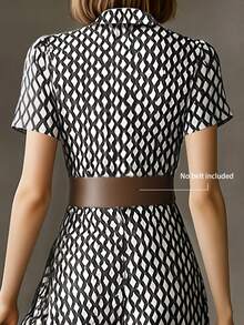 （无腰带）复古印花中长连衣裙，法式复古长裙设计，适合通勤、工作和约会，黑色，适合度假和夏季穿着，优雅百搭。 - 黑色 - 查看 6