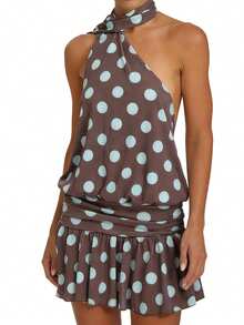 Women's Summer Tank Dress Sleeveless Halter Neck Solid Color/Dot Print Mini Cocktail Dress - Brown - View 5