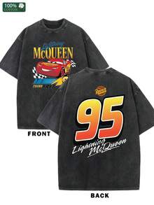 Disney Retro T-Shirts, Lightning McQueen Racing Story Short Sleeves, 100% Cotton Washed Adult Models, Unisex Party Clothes (Machine Washable) Official Gifts, Casual Summer Wear - Black - View 1
