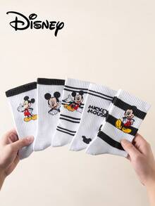 1/5 Pairs Authentic Disney Men's Socks With Cute Mickey Family Embroidery, Spring/Summer Style, Black And White Character Cartoon Embroidered Mid-Calf Socks, Novelty Fun Socks For Men And Women, Suitable For Any Occasion, High-Quality Gift Socks - Multicolor - View 5