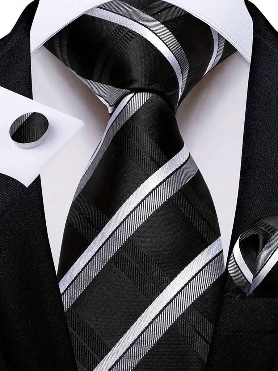 Men Tie Sets Classic Fashion Necktie Set With Cufflink For Business Party - Black - View 1