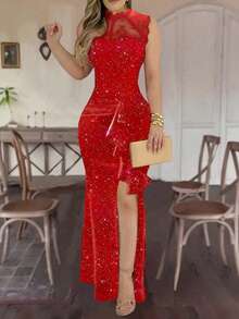 Sleeveless Lace Patchwork Sexy Solid Color High Slit Elegant Ruffle Hem Glitter Long Party Dress For Women, Valentine's Day Gift Summer Red - Red - View 4