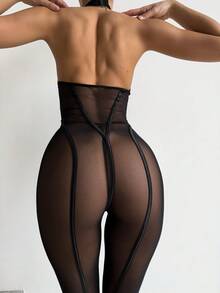 Sexy Halter Neck, Backless, See-Through, One-Piece Pantyhose With Metallic Embellishments, Slim-Fitting And Sexy Bodysuit - Black - View 6