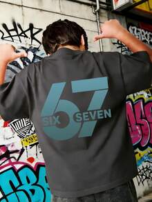 青少年男孩流行“SIX SEVEN 6 7”数字字母印花T恤，适合男孩街头、校园、活动、日常穿着，时尚夏季上衣 - 深灰色 - 查看 5