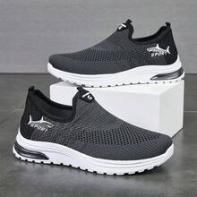 男士休闲运动鞋，弹性针织鞋面，轻便透气，一脚蹬设计，适合健身和休闲穿着，春夏款 - 黑色 - 查看 9