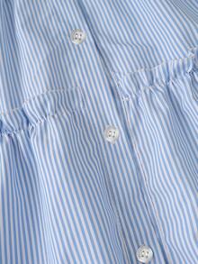 女童条纹连衣裙，大童泡泡袖翻领中长连衣裙，藏蓝色领结，假日套装，夏季服装，旅行装 - 藍色 - 查看 8