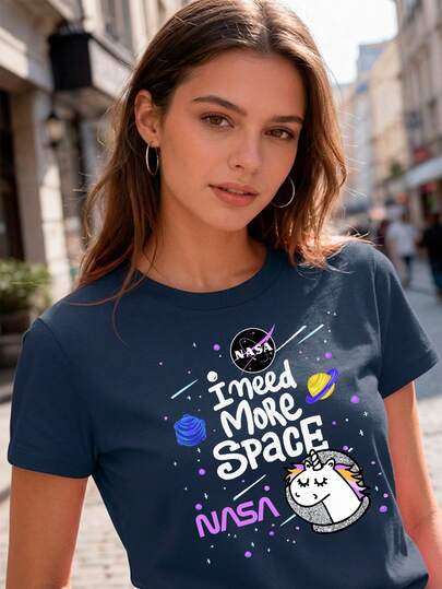 Camiseta para mujer de 100% algodón, cuello redondo, manga corta, muy cómoda y suave al tacto, con estampado original de NASA, diseño de leyenda "I need more space" Planetas Unicornio