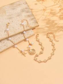 2pcs/Set Beach Vacation Ocean Style Metal Alloy Handmade Shell Chain Anklet, Faux Pearl Gold Shell Starfish Pendant Anklet Set, Fashionable Women Foot Jewelry Suitable For Daily Wear, Beach Party, Music Festival - Multicolor - View 3