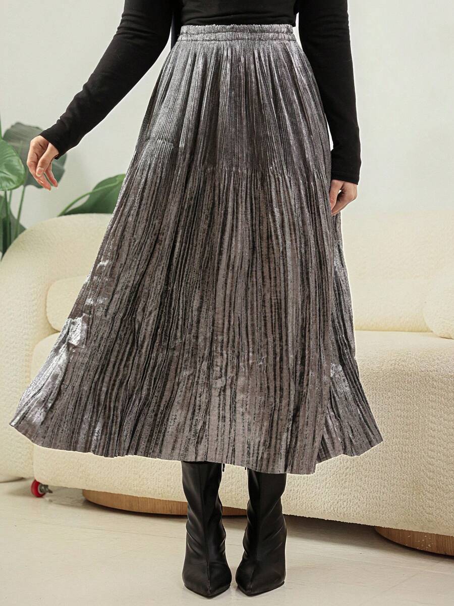 Livesso Women's Metallic Pleated Mid-Length Skirt - Grey - View 1