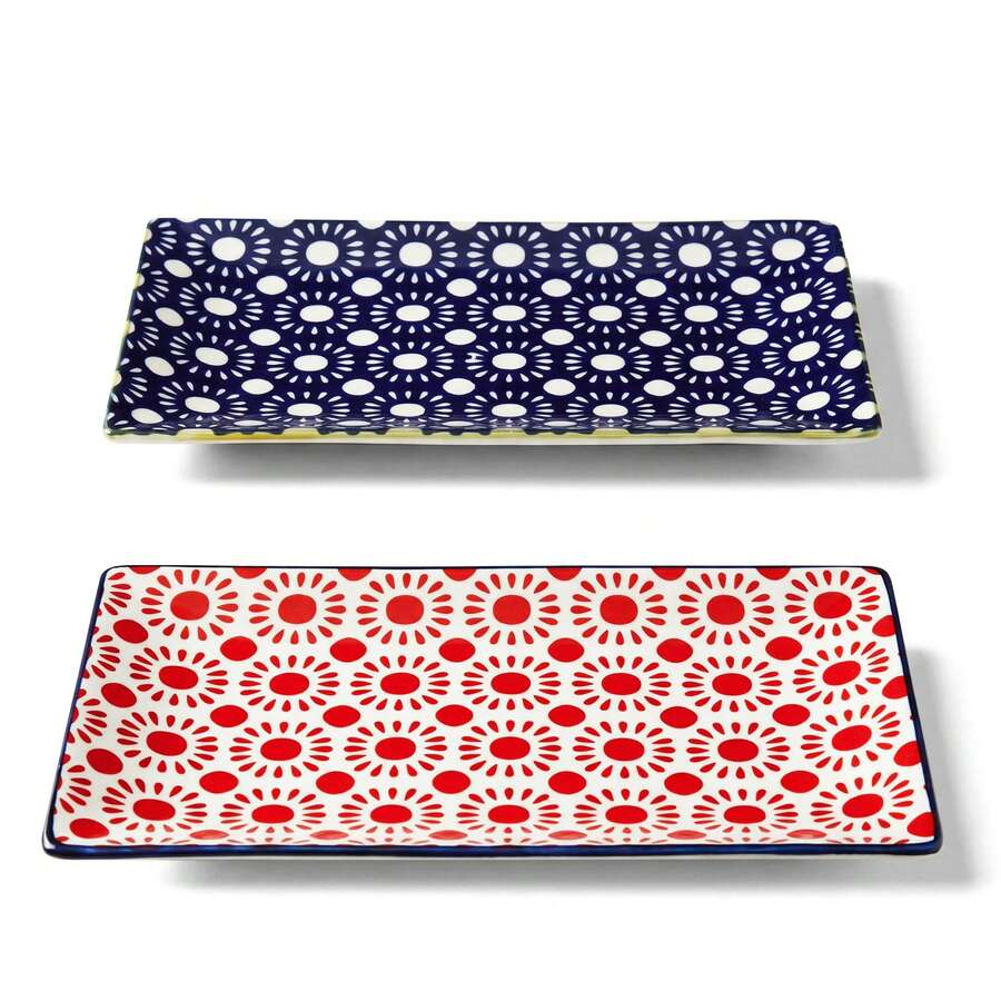 2pcs 11"X6.5" Rectangular Ceramic Serving Trays, Microwave/Dishwasher/Oven , Glossy Glaze Finish, Geometric Sun Pattern, Smooth Rounded Edges, Versatile For Sushi, Desserts, Appetizers, Afternoon Tea, Dining, Parties, All Seasons - Multicolor - View 1