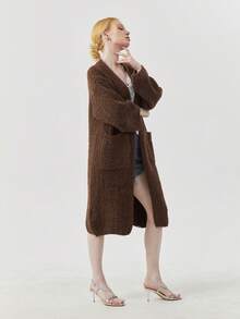 女士优雅涤纶针织长款开衫，长袖，大口袋，不对称下摆 - 棕色 - 查看 7