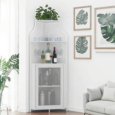 clóset de Esquina para licores con estantes Ajustables, clóset de Barra Industrial de 61 Pulgadas, no Empotrado con Puerta de Malla y Soporte de Vidrio para Cocina, Color café rústico