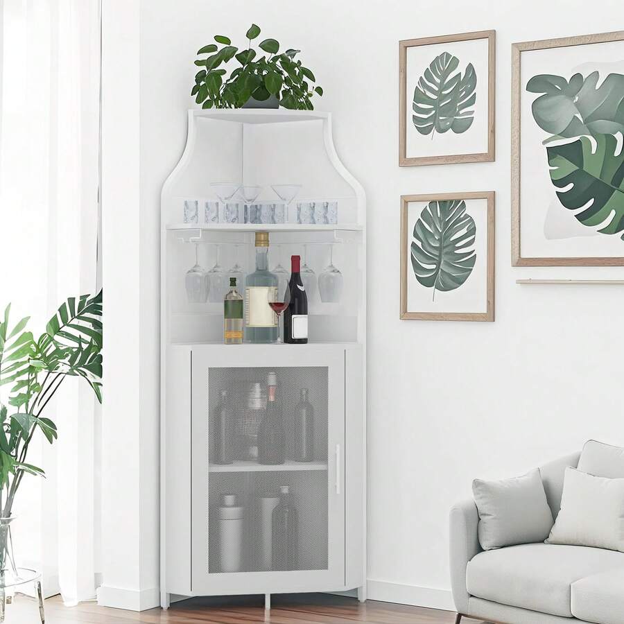 clóset de Esquina para licores con estantes Ajustables, clóset de Barra Industrial de 61 Pulgadas, no Empotrado con Puerta de Malla y Soporte de Vidrio para Cocina, Color café rústico - Blanco - Ver 1