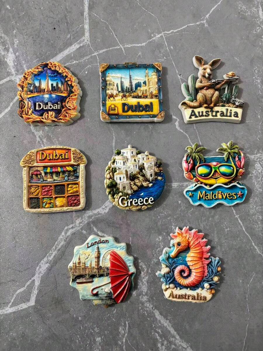 1个8款全球地标浮雕冰箱贴，包含迪拜天际线、希腊蓝顶教堂、马尔代夫棕榈滩、伦敦红色巴士、澳大利亚袋鼠和歌剧院等。采用3D浮雕工艺和鲜艳色彩呈现，捕捉旅行精彩瞬间。强力磁性贴纸，适用于冰箱、办公室金属隔断、宿舍书架等，可作为旅行纪念品、朋友礼物或家居装饰，个性化您的空间，激发您的旅行热情。