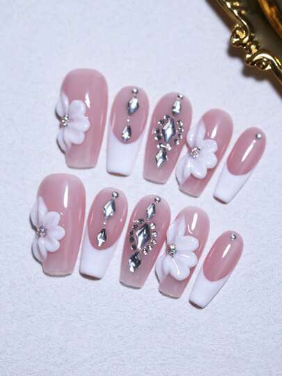 3D手工雕刻花卉美甲装饰锈玫瑰法式手工美甲贴片，100%纯手工制作，10片棺材形假指甲贴片，可重复使用，美甲设计，女士和女孩美甲产品