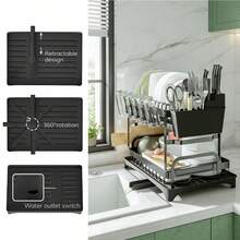 Large-Capacity Double-Layer Kitchen Storage Rack - Metal Dish And Utensil Rack With Drainage Function, Suitable For Bowls, Cups, Cutting Boards - Black - View 5