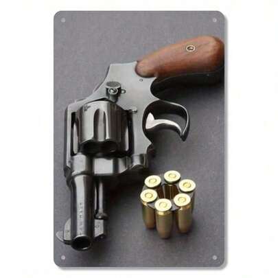 1pc Vintage Revolver Metal Sign,Funny Metal Poster ,2D Flat Printing Multipurpose Metal Decor With Pre-Drilled Holes For Easy Hanging, Room Decor,Home Decor,Kitchen Decor,Office Decor,Garden Decor,Outdoor Decor,Bedroom Decor, Living Room Decor, Cafe Decor, Restaurant Decor, Garage Decor, Bar Decor