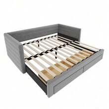 3-In-1 Modular Sofa Bed, 90x190 Cm - In Grey Cotton/Linen Fabric, With Slatted Base And Drawers, Converts From Sofa To Single/Double Bed (Mattress Not Included) - Grey + Upholstered + 90cm*190cm-1 - View 8