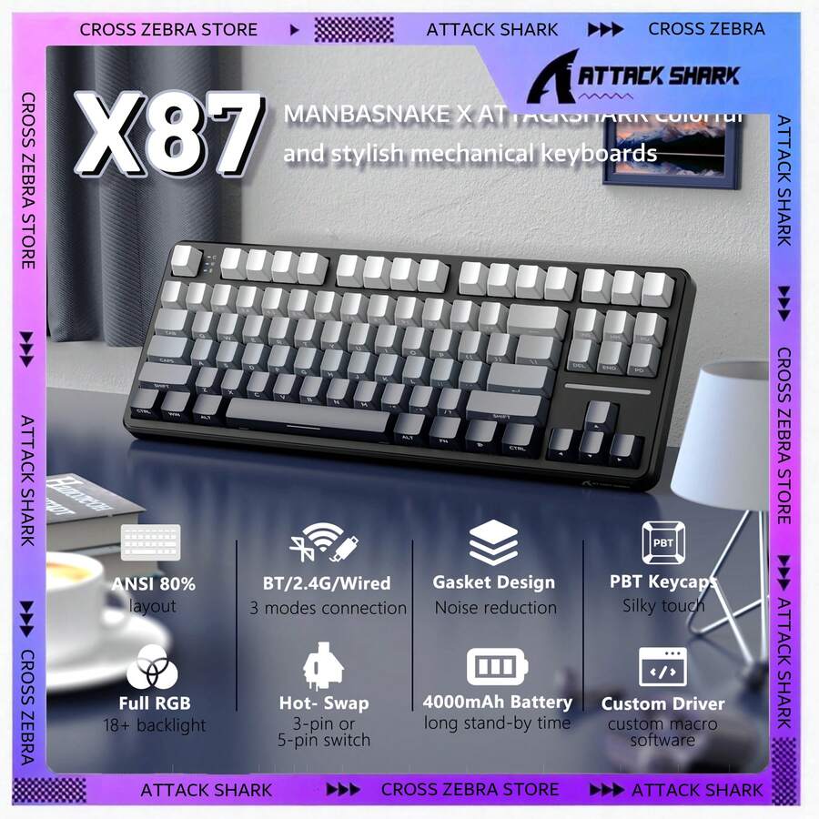 Bàn phím không dây ATTACK SHARK X87, bàn phím cơ tùy chỉnh có thể thay thế nóng với gioăng 75%, bàn phím chơi game ba chế độ 2.4G/USB-C/BT5.0 có đèn nền RGB, pin 4000mAh, phím PBT in cạnh bên, dành cho Windows/ PC/ Linux/ Game thủ, quà tặng ngày lễ, quà tặng cho trẻ em, năm mới 2026 - Màu Monnlit Night/ / Cheese/ Purple White - Nhiều màu - Xem 1