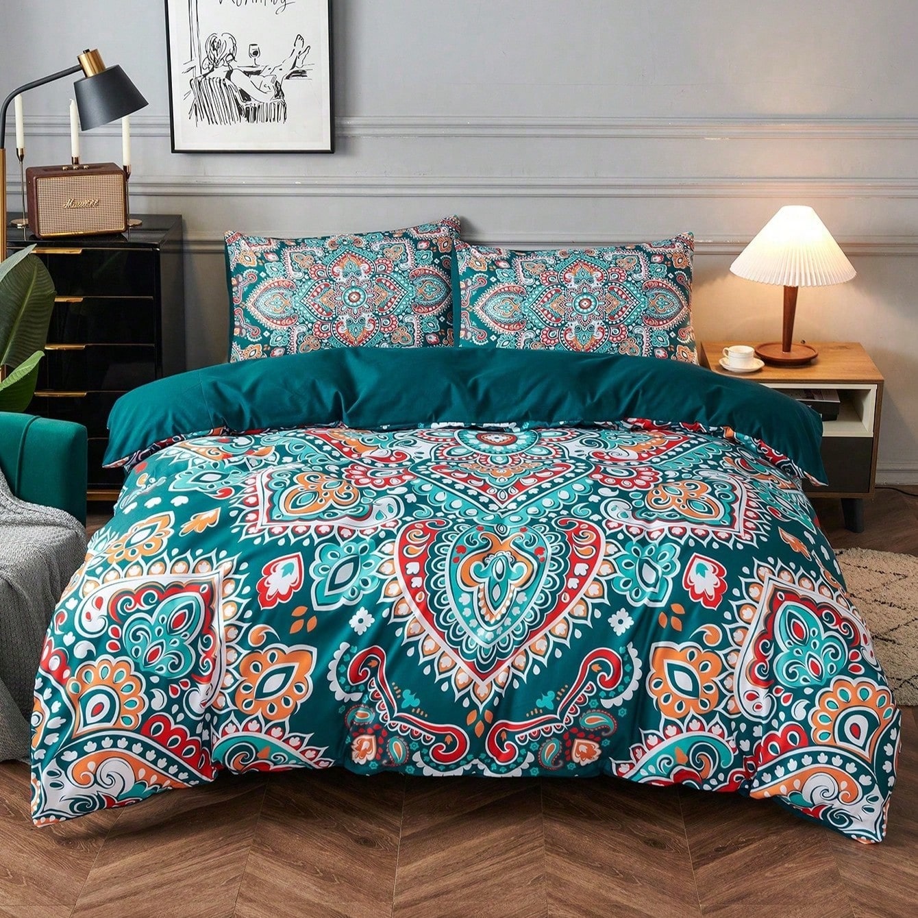 Piezas Juego de Ropa de Cama con Estampado de Mandala Bohemio Verde (1*Funda Nórdica + 2*Fundas de Almohada, Sin Relleno), Suave y Acogedor para Dorm