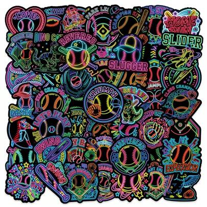 50Pcs Energetic Sports Ball Decals - Neon Stickers Mix Of Softball, Waterproof Vinyl Decals For Skateboard, Laptop & Water Bottle Customization For Teens & Adults, Vibrant Back To School Stickers
