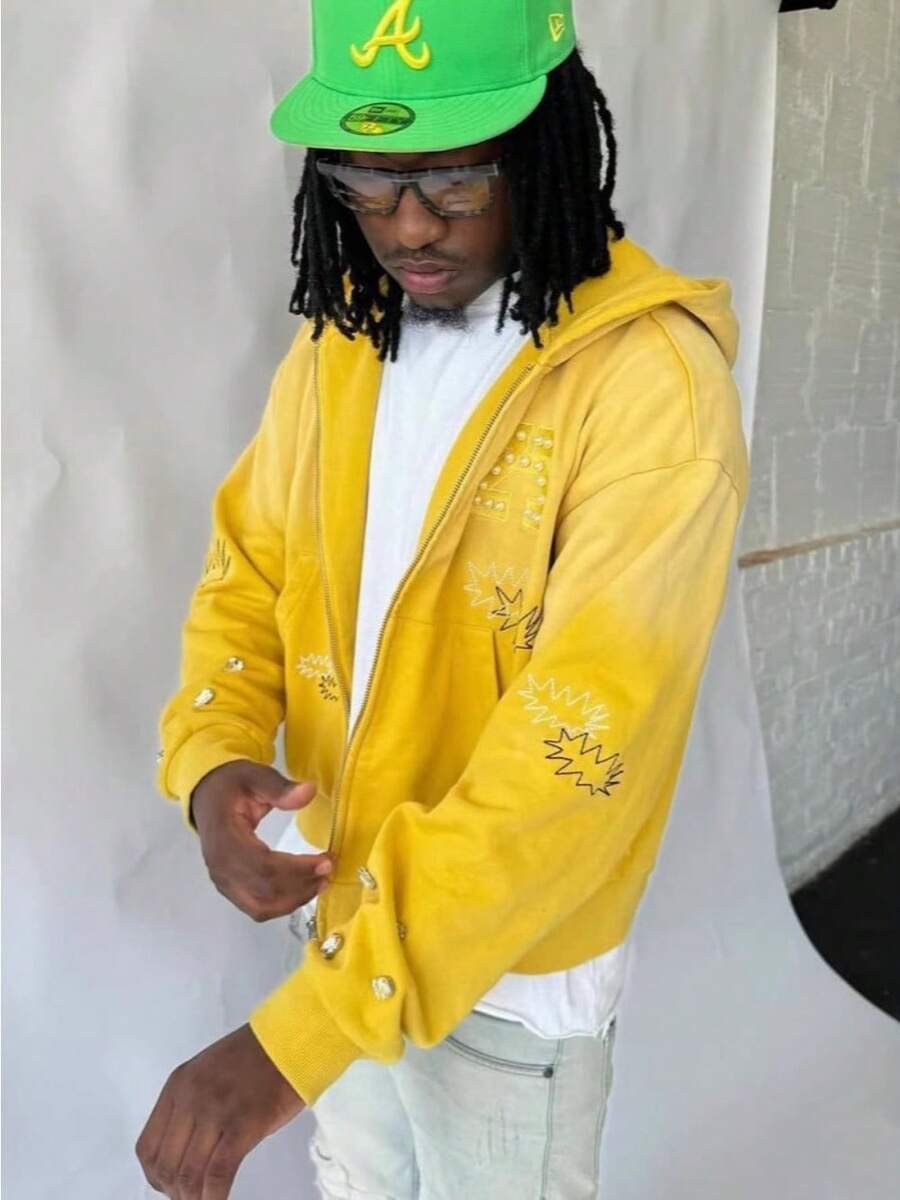 New Men's And Women's Hip-Hop Sweatshirt Cardigan Zipper Long-Sleeved Top Diamond Craft Outer Jacket - 黃色 - 查看 1