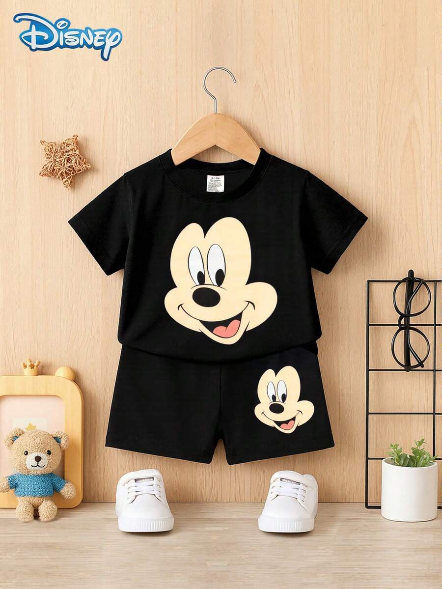 Disney 2件套夏季男婴新生儿大头印花可爱短袖T恤和短裤套装,纯色卡通图案,弹力面料,适合新生儿日常穿着,精美礼物 - 黑色 - 查看 1
