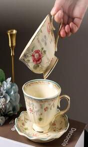 PICORLANE 8 Oz Vintage Flower Ceramic Cup And 6" Saucer Set With Brand Customized Stainless Steel Spoon Gifts For Afternoon Tea Coffee Hour (E) - MàuD - Xem 6